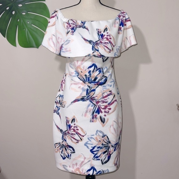 Belle Badgley Mischka Pippa Ruffle Off Shoulder Brush Stroke Floral Dress Sz. 4 - Picture 6 of 13